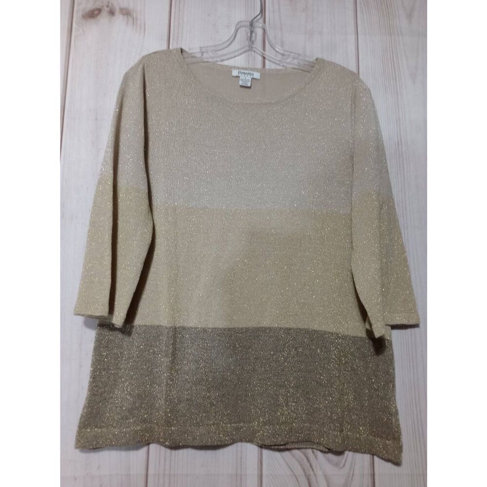 Honorsley Women's Metallic Gold Shimmer Sweater‎ 3/4 Sleeve Sparkly Top